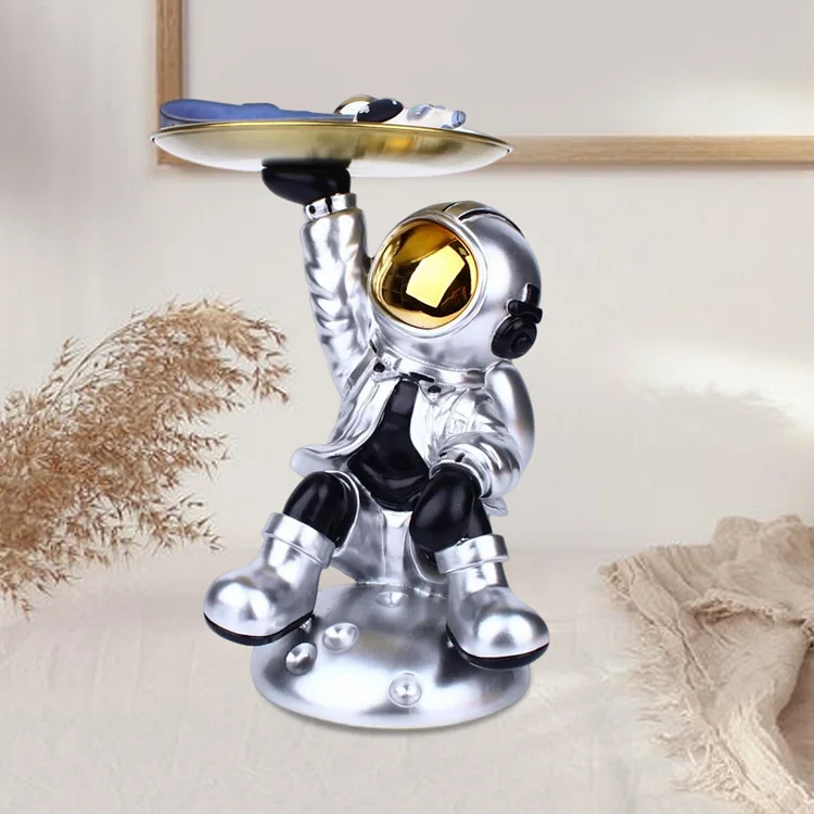 Resin Astronaut Statue Ornament Entrance Key Storage Tray Home Decor (Silver B)