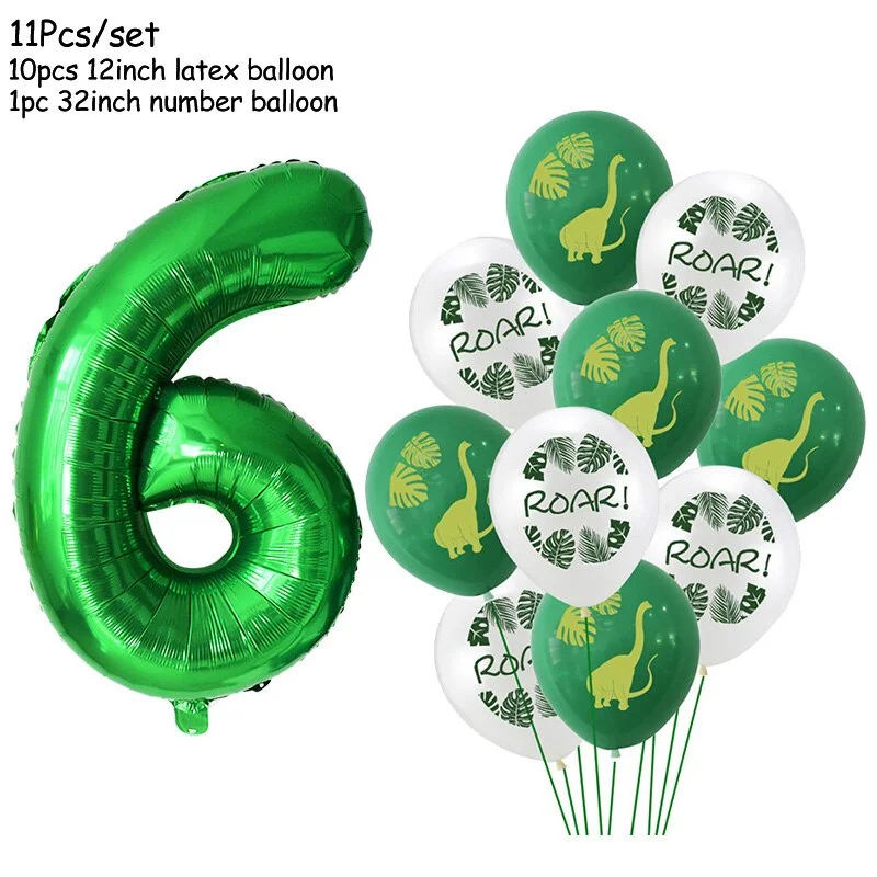 11Pcs Green Foil Number Balloons Dinosaur Latex Balloon Kids Jungle Theme Birthday Safari Forest Party Decorations Baby Shower
