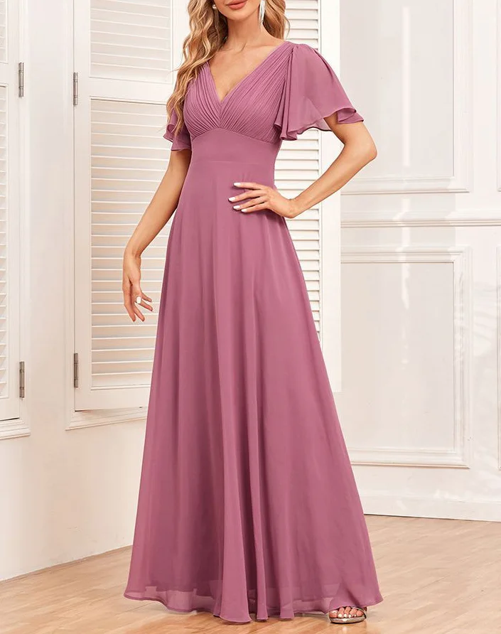 Elegant double V-neck short sleeved A-line fully lined chiffon dress