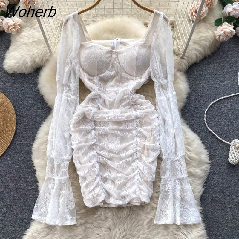 Woherb Elegant Lady Skinny Lace Dress Spring Autumn Fashion Flare Sleeve White Black Gothic Short Dress Party Vestidos