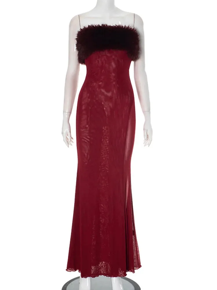 Toloer Strapless Red Feather Mesh Maxi Dress-Outfit Ideas