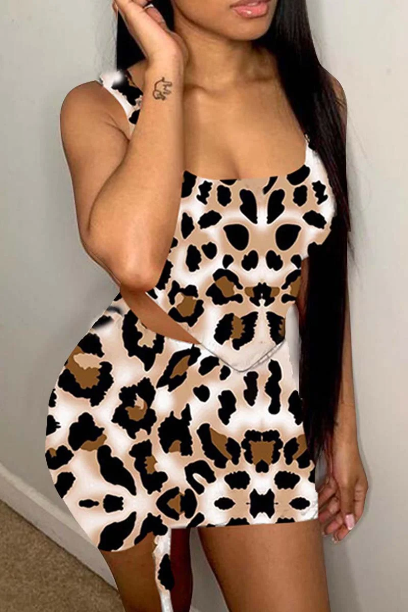 Leopard Print Sexy Casual Print Asymmetrical Square Collar Sleeveless Two Pieces