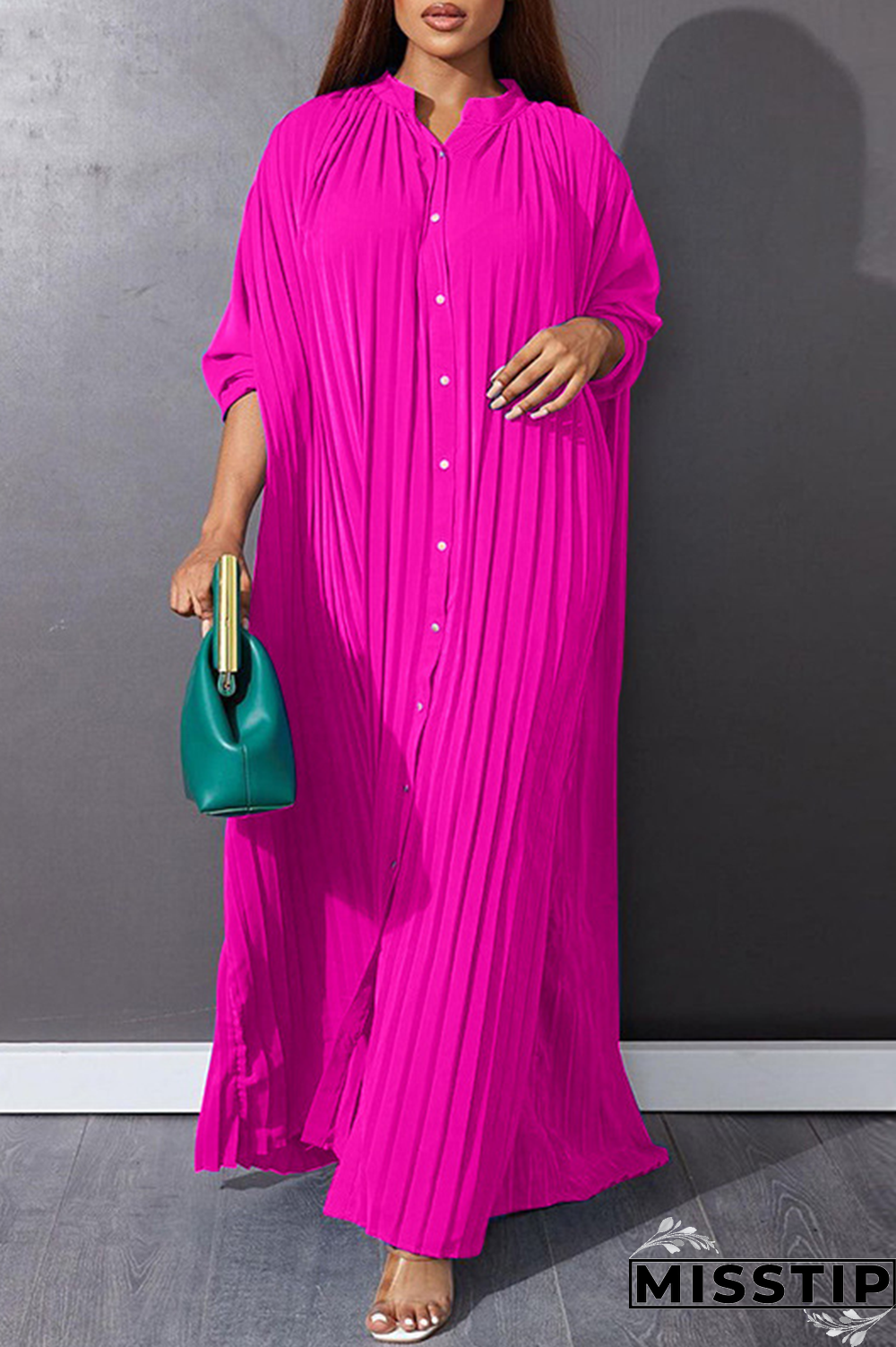 Rose Red Casual Solid Buckle O Neck Dresses