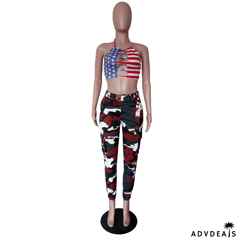 Spring High Waist Camou Cargo Pants with Belt