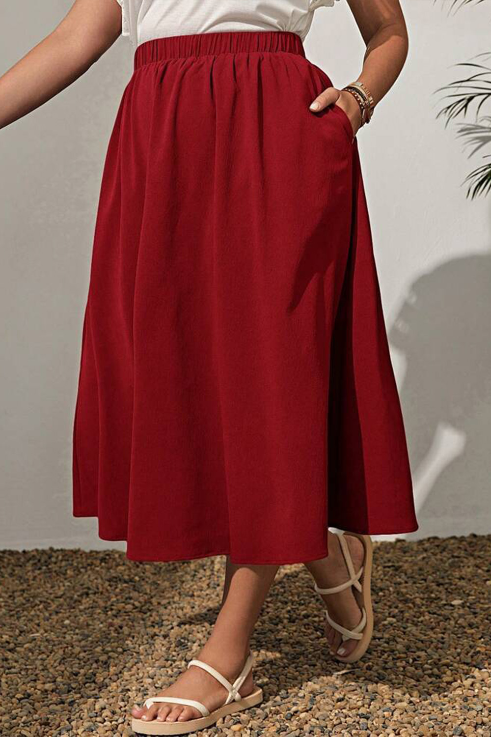Plus Size Everyday Black Elastic Waist Pocket Midi Skirt 2024 - Flycurvy 