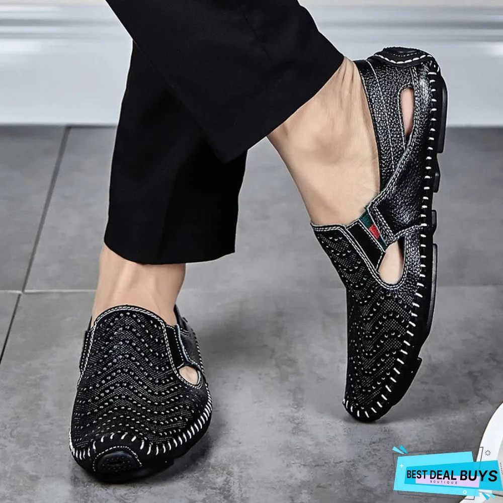 Men Leather Plus Size Sandals Casual Slip-On Summer Beach Shoes