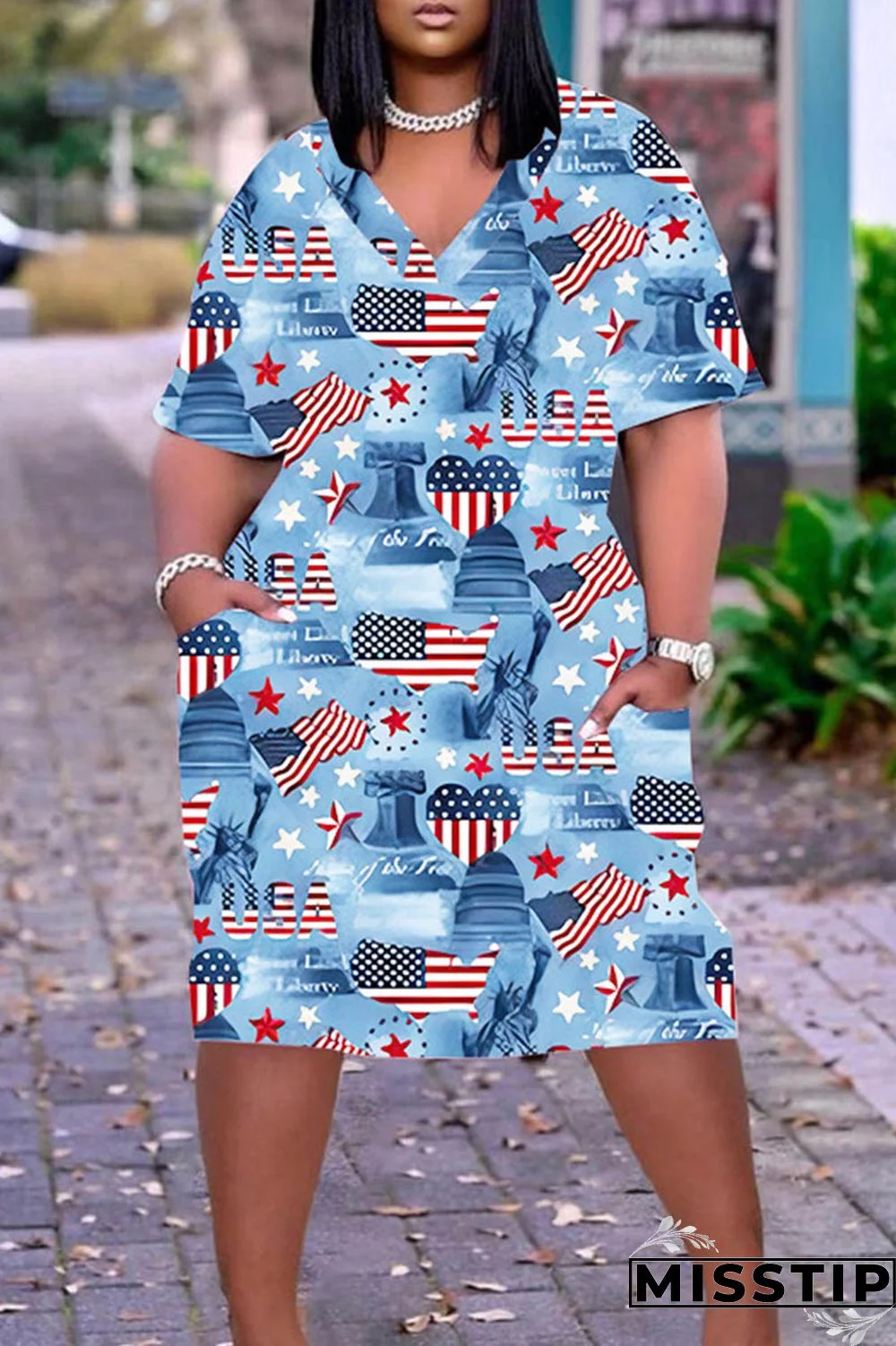 Light Blue Casual Print Patchwork Basic V Neck Short Sleeve Dress Plus Size Dresses