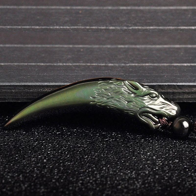 Natural Black Obsidian Ice Obsidian Rainbow Obsidian Wolf Tooth Pattern Strength Necklace Pendant