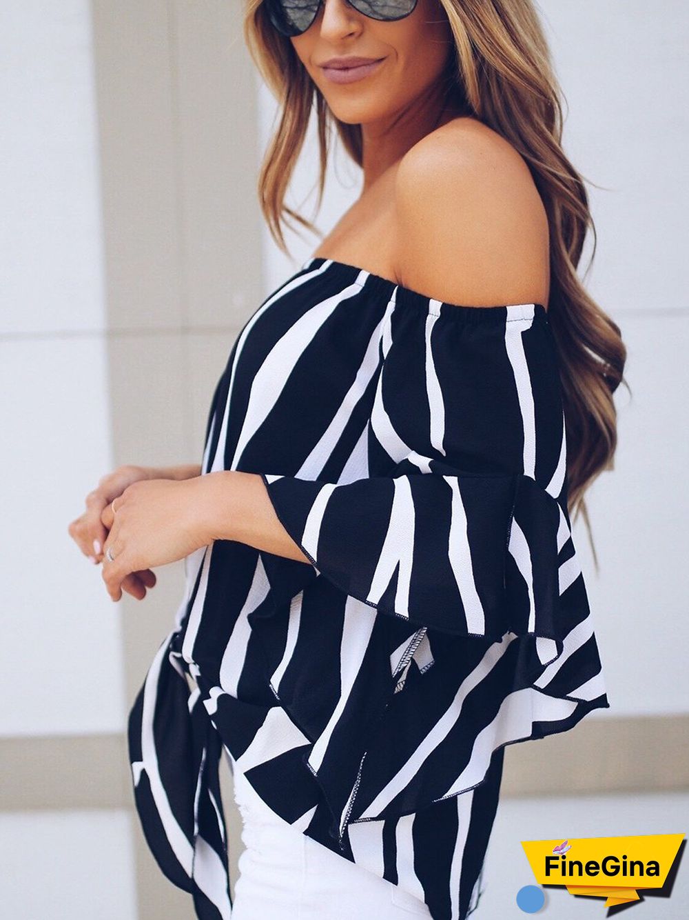 Off-the-shpulder Striped Loose Chiffon Top P13705