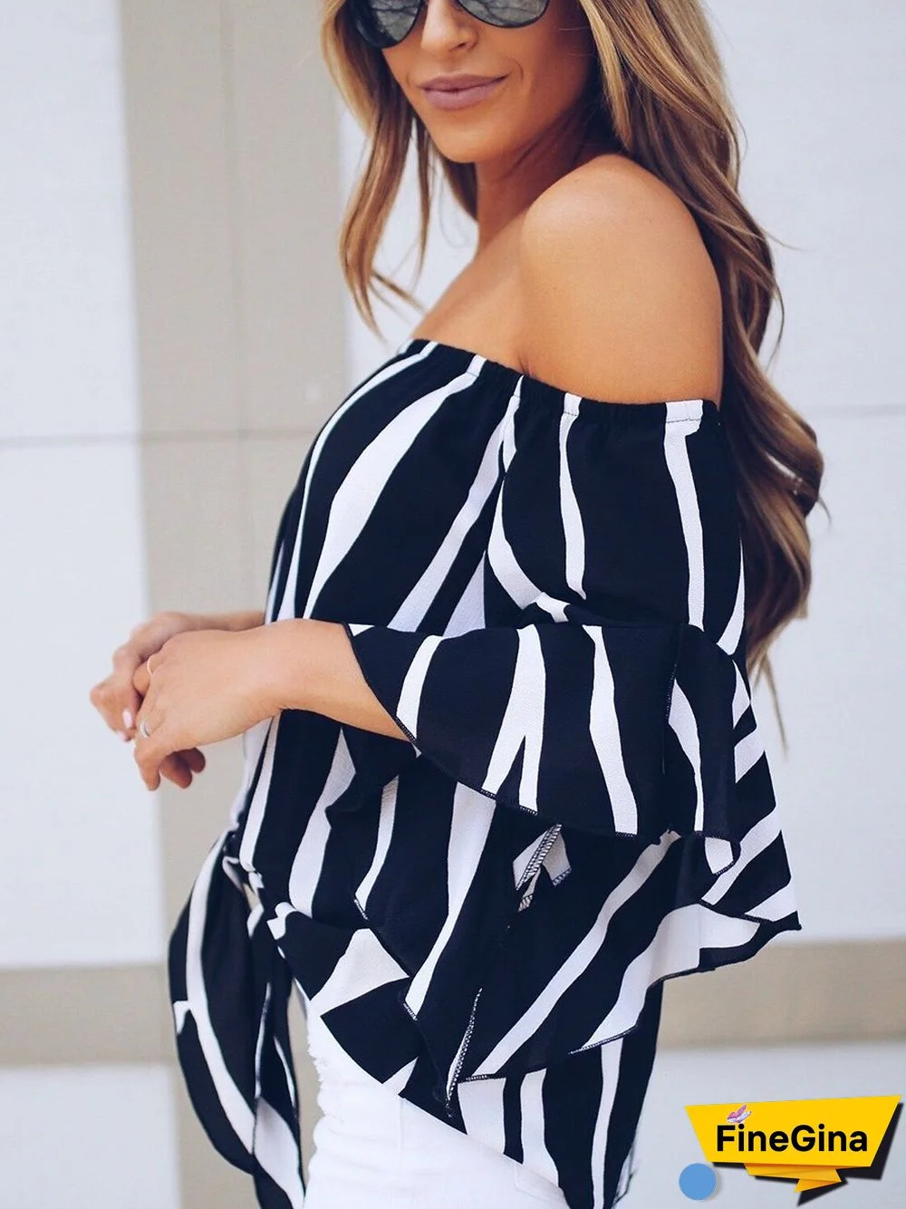 Off-the-shpulder Striped Loose Chiffon Top P13705