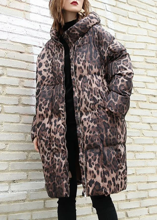 Casual Leopard women plus size Coats winter hooded zippered outwear