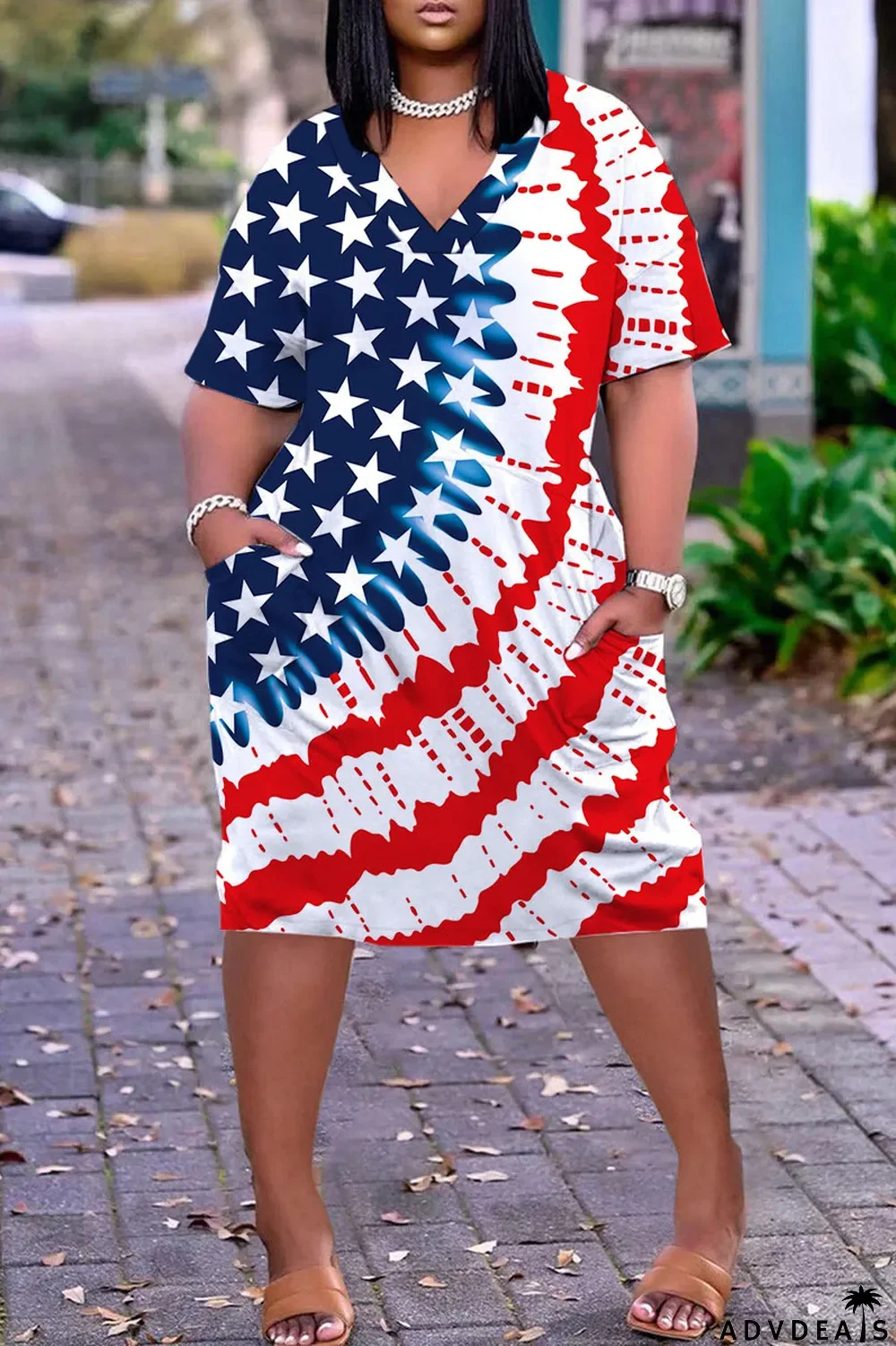 Light Brown Casual Work Print Patchwork V Neck Straight Dresses