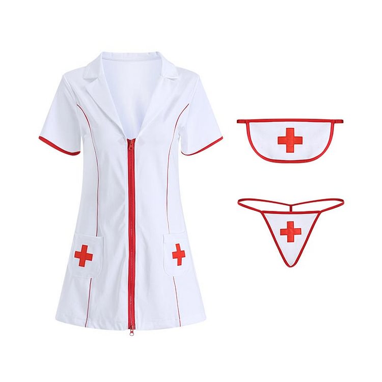Cosplay Nurse Uniform V-neck Zipper Lingerie Dress - Modakawa modakawa