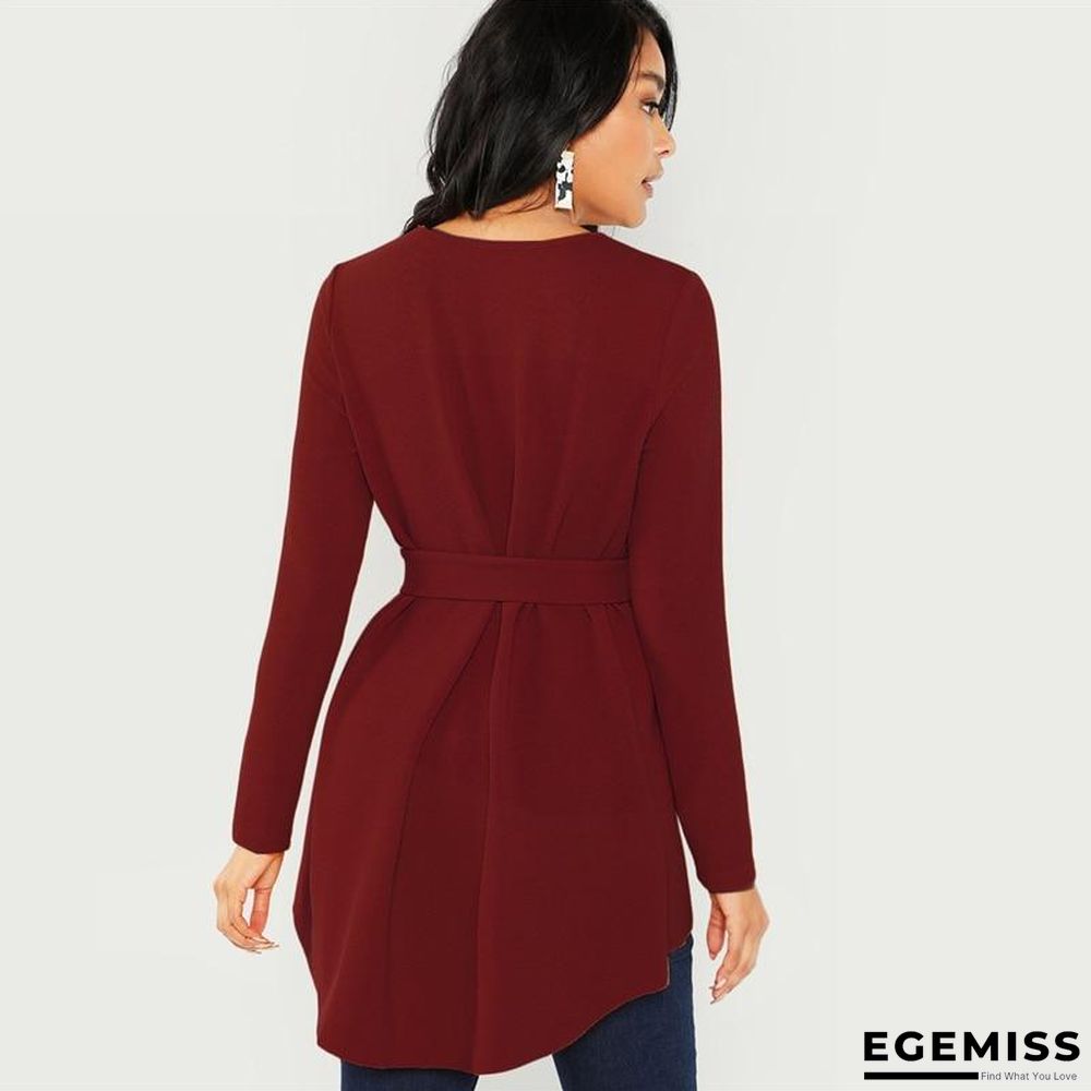 Burgundy Long Sleeve Blouse Elegant Self Belted Asymmetrical Hem Tops Blouses | EGEMISS