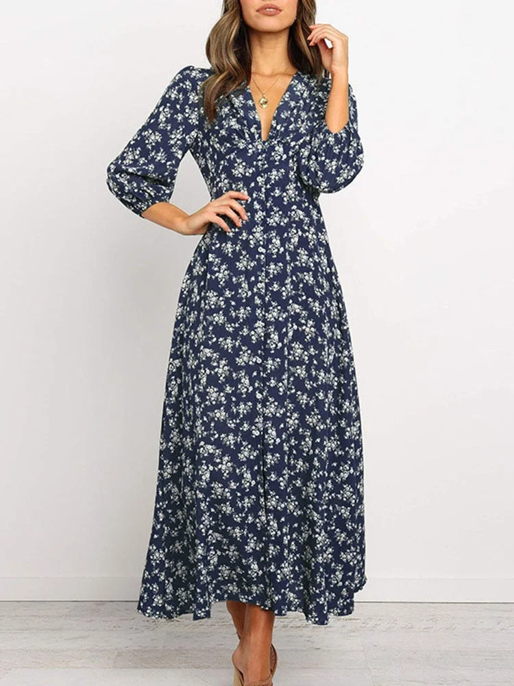 Women Chiffon Long Dress Floral Print Lantern Sleeve A-line Maxi Vestidos Autumn New Elegant Vintage V Neck Winter Dresses