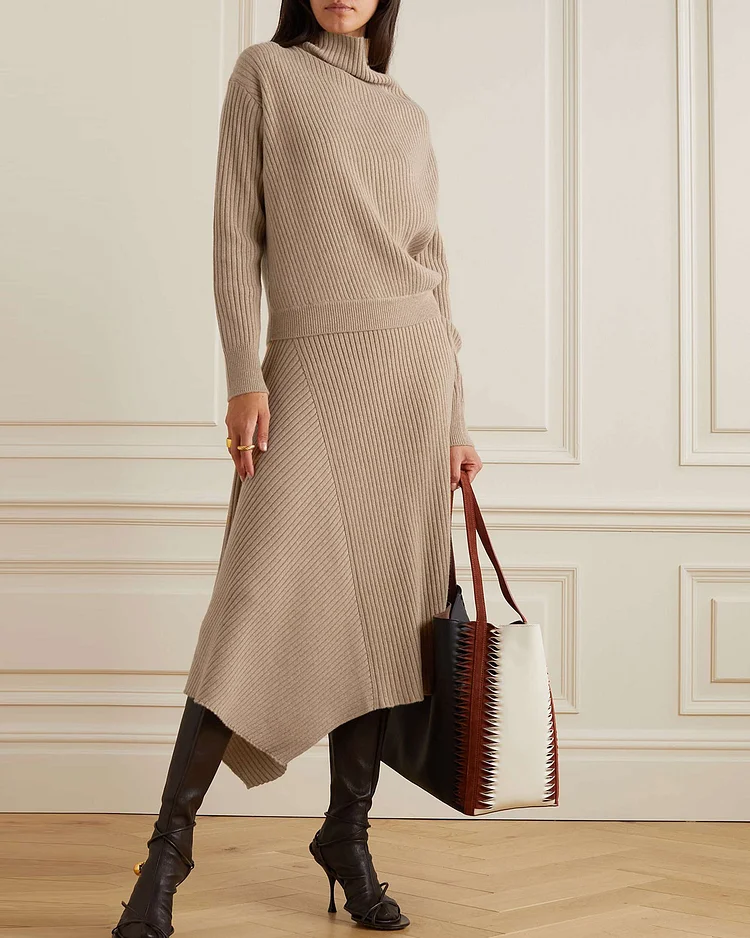 Ribbed Cashmere Turtleneck Sweater And Skirt Two-Piece Set
