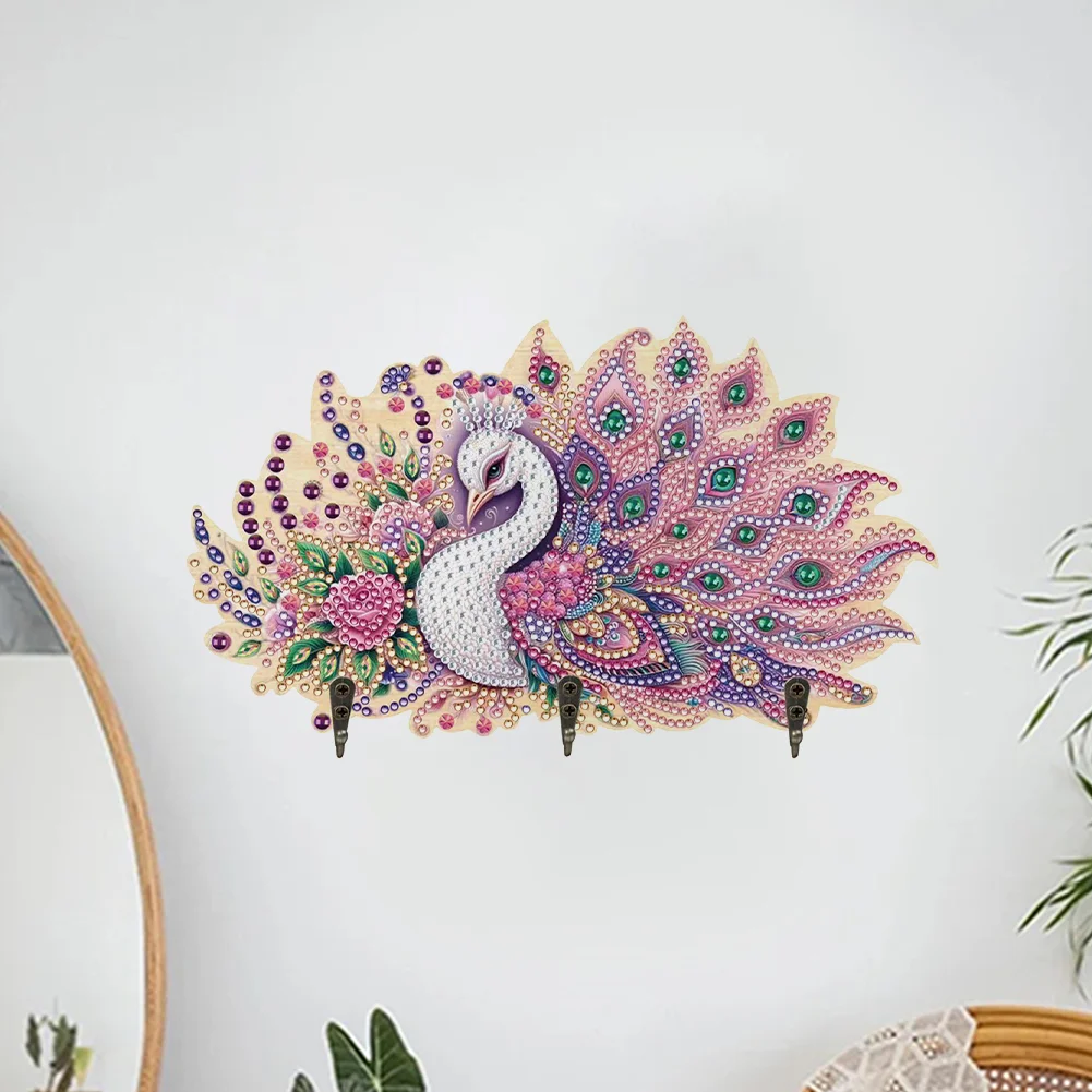 Wooden Pink Feather Peacock Diamond Painting Craft Wall Hooks A Row of 3 Hooks