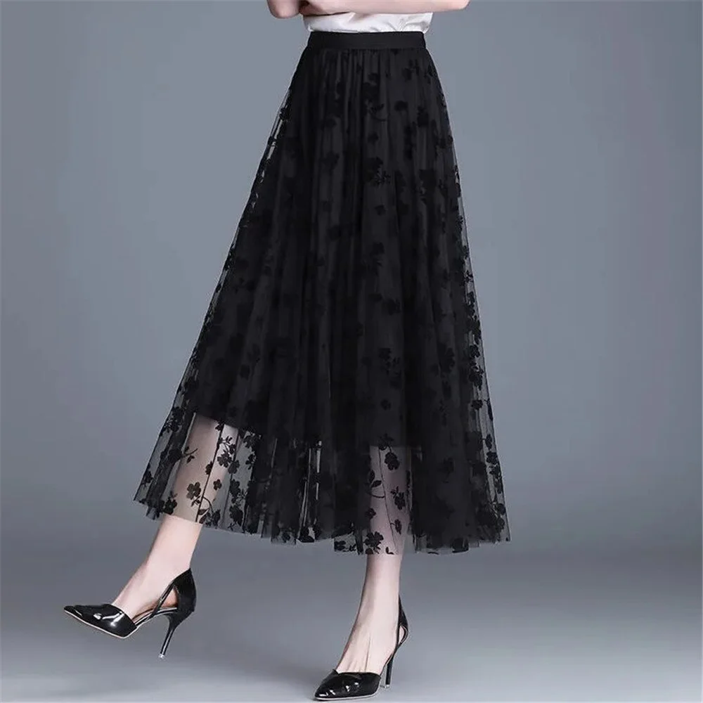 High Waist Long Mesh Skirt Flower Black Tulle Skirt Women Spring Summer Elastic Women Pleated A-line Skirt Female Midi Skirt