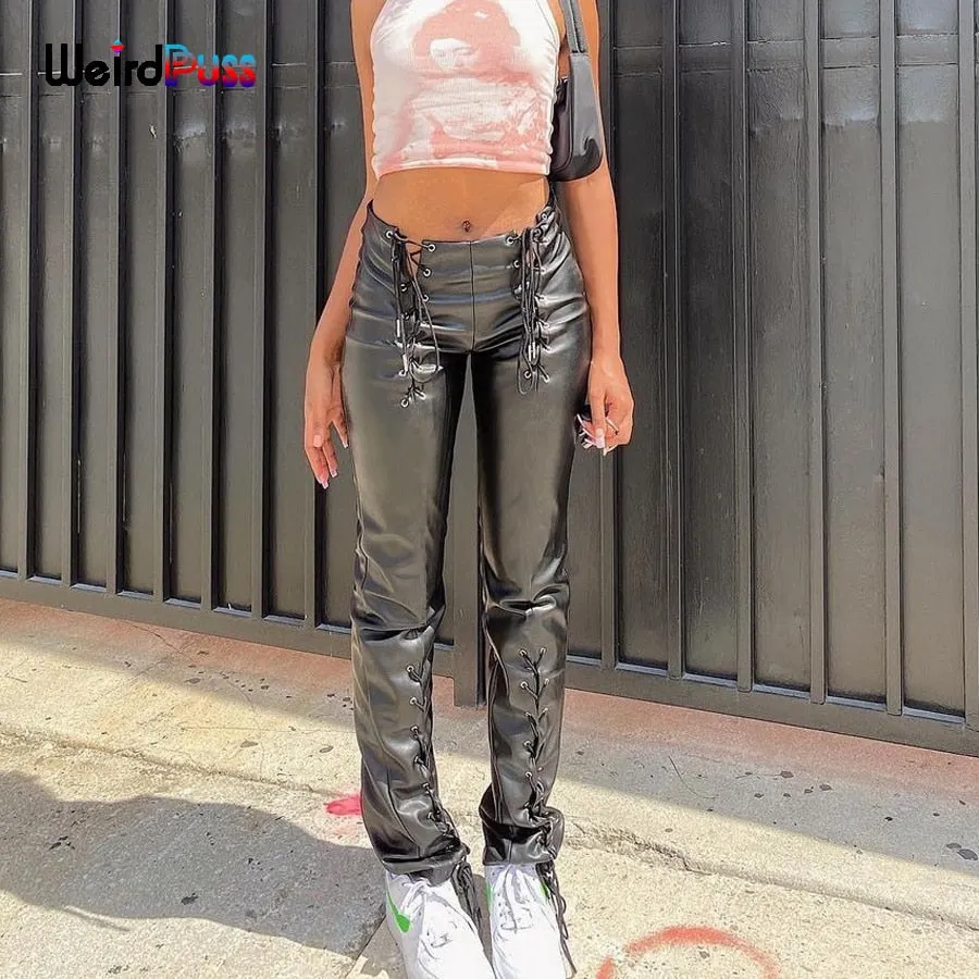 Weird Puss Sexy Y2K Leather Pants Hollow Bandage Bottoms Women Wild Streetwear Flare Pants Chic Ripped Hip Hop Faux Pu Trousers