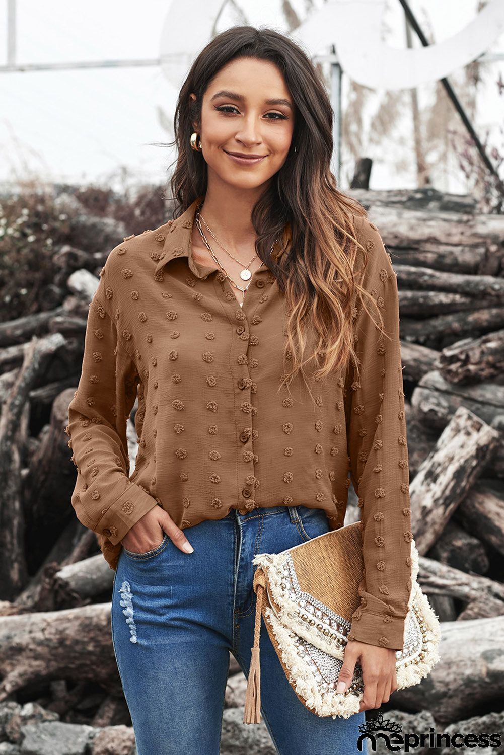 Brown Long Sleeve Button Fuzzy Polka Dot Shirt