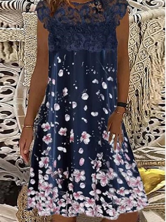 Women's Short Sleeve Scoop Neck Lace Stitching Floral Printed Midi Dress