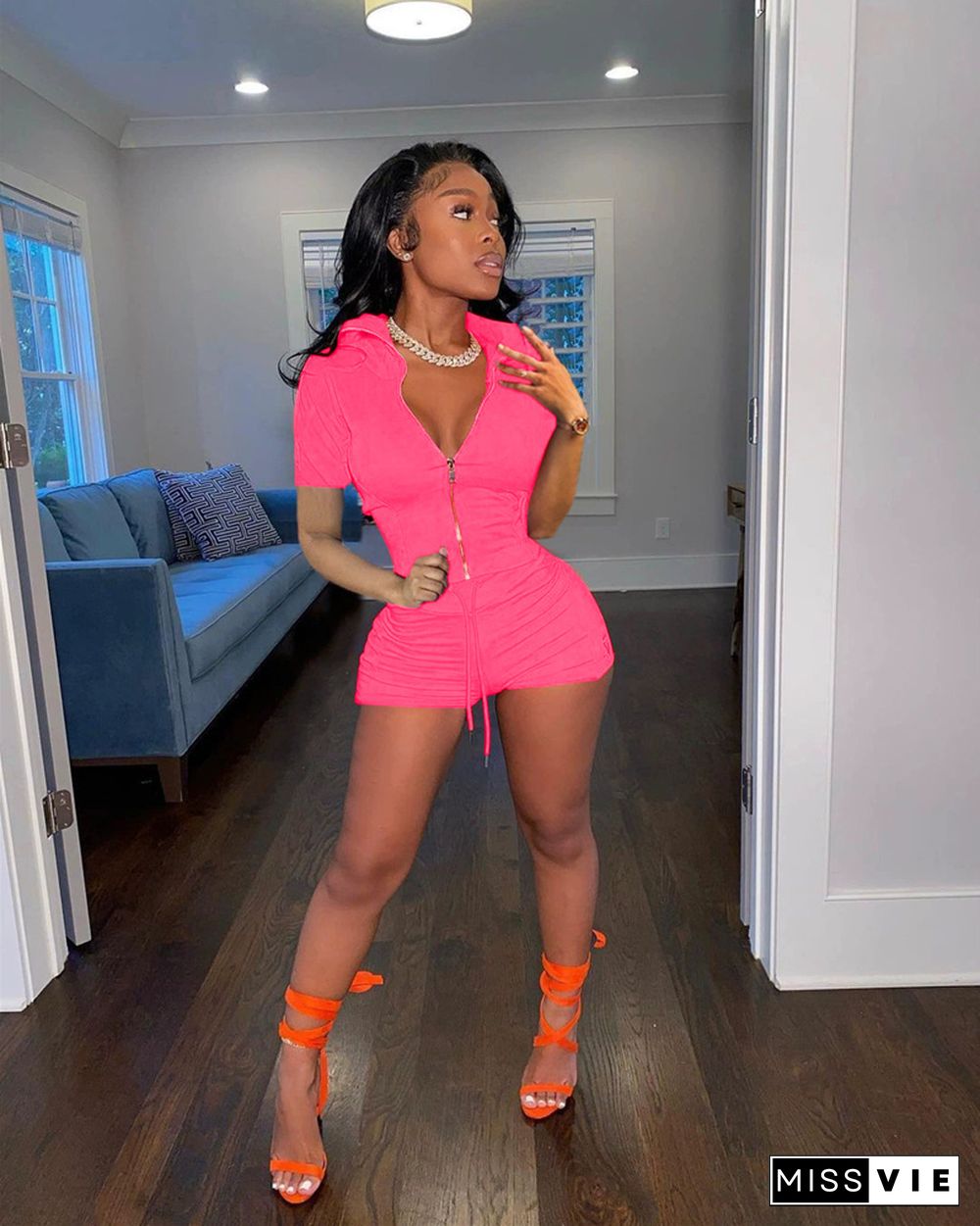 Short Sleeve Zipper Up Top Biker Shorts Tracksuit