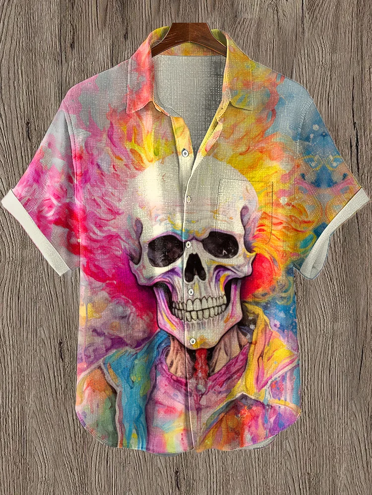 Men's Colorful Skull Trippy Splash Ink Art Print Linen Blend Shirt