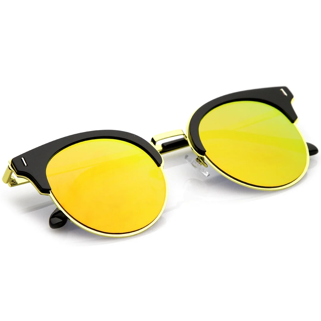 Modern Half Frame Round Colored Mirror Flat Lens Horn Rimmed glasses 49mm