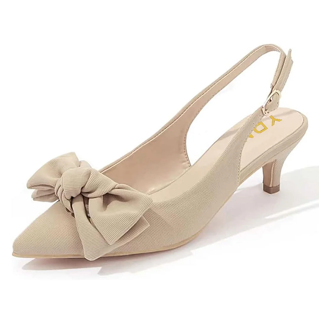 Beige Pointed Toe Bowknot Decor Slingback Kitten Heel Pumps