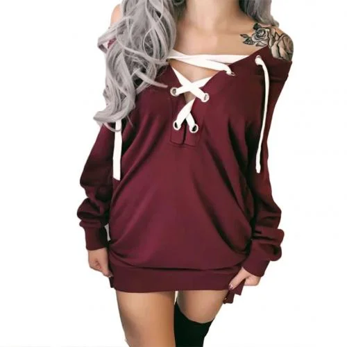 Women Sweatshirts Solid Color Long Sleeve  Deep V Neck Tops Front Lacing Pullover Sweatshirt Chic Concise Shirt Dress