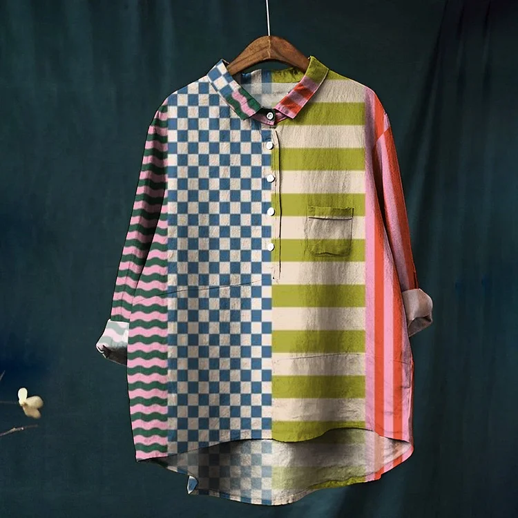Women's Block Stripe Colorblock Print Casual Cotton And Linen Shirt