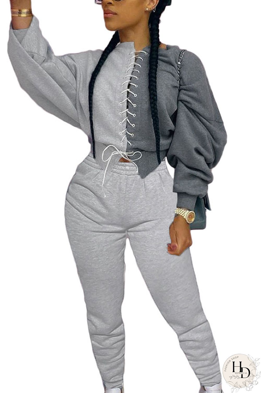 Grey Sexy Solid Patchwork O Neck Long Sleeve Short Two Pieces