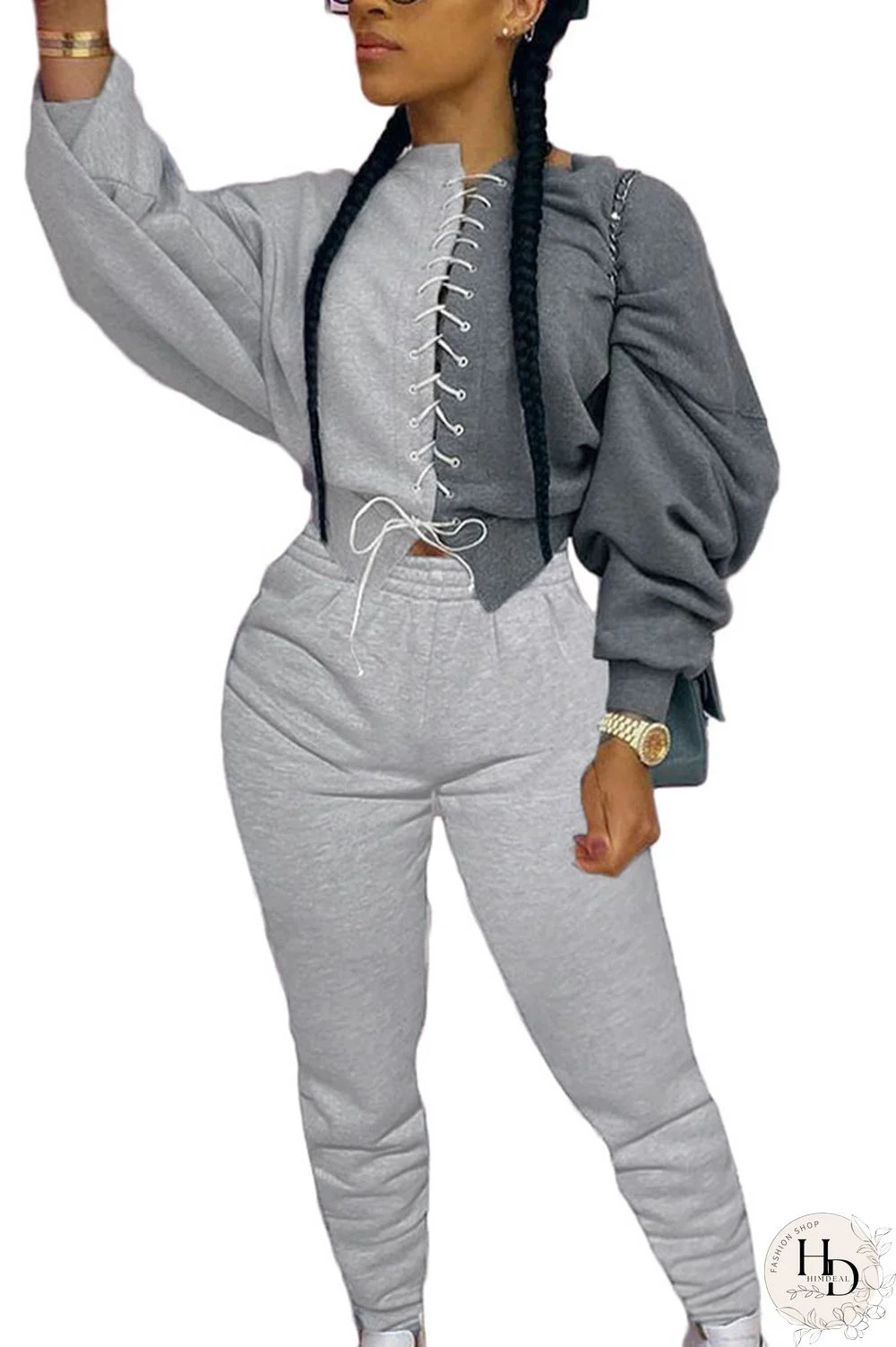 Grey Sexy Solid Patchwork O Neck Long Sleeve Short Two Pieces