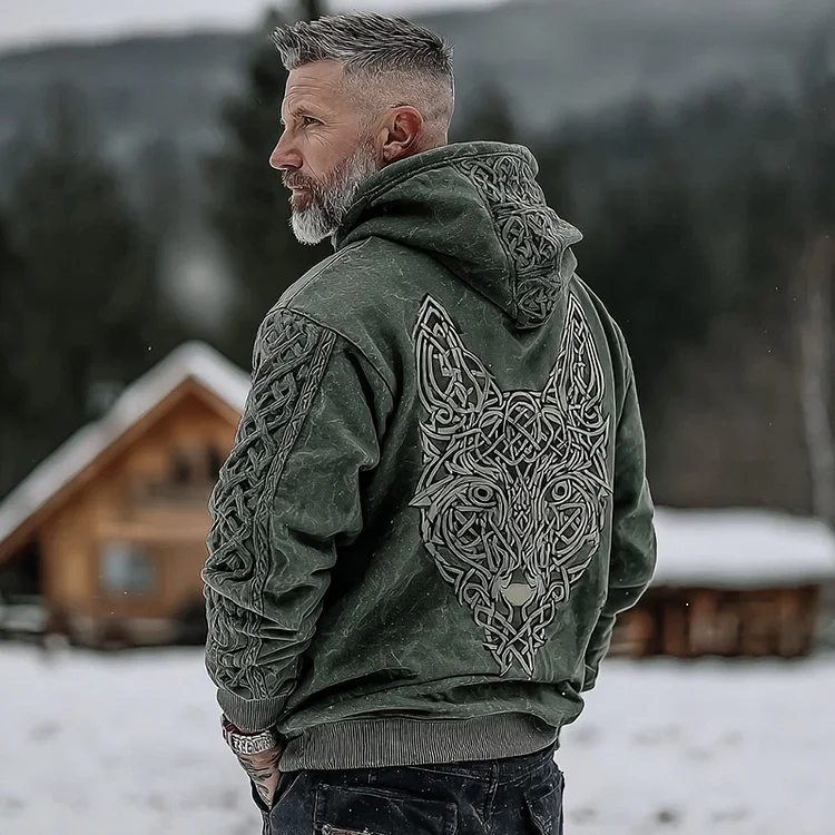 Men's Retro Viking Celtic Wolf Art Pattern Casual Hoodie