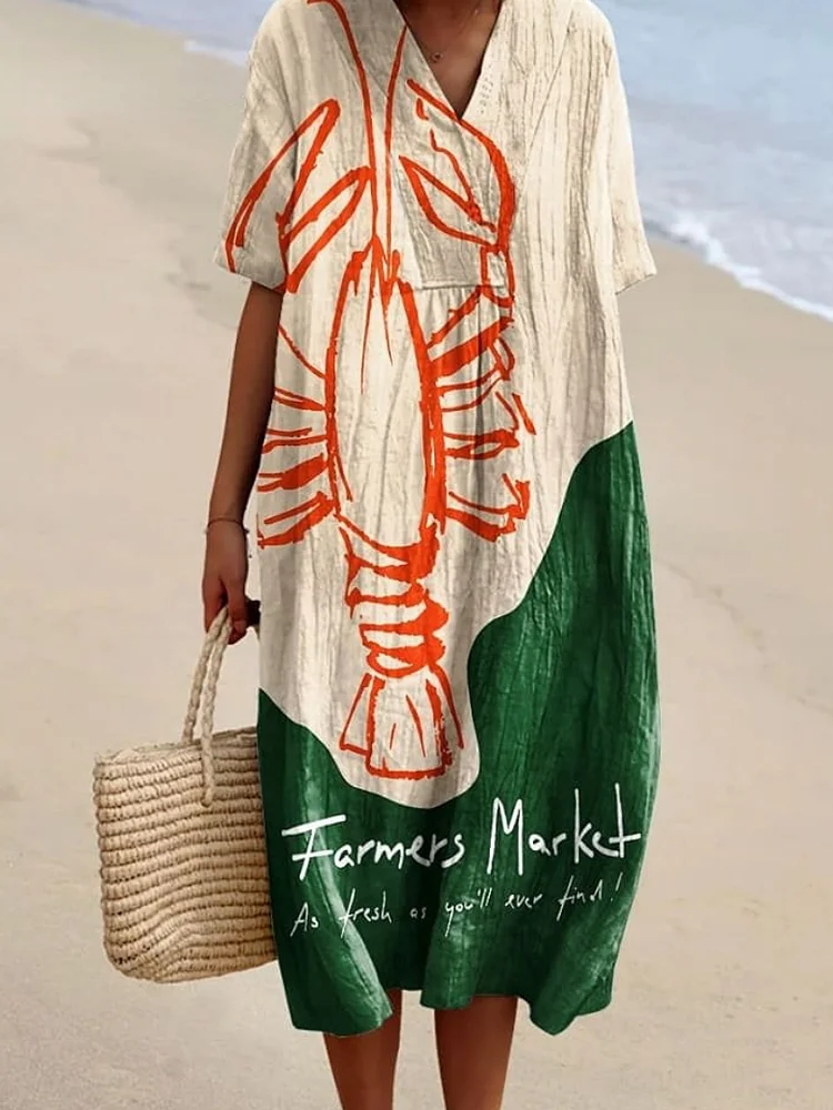Women's Fish Market Lobster Art Print Flowy Dress