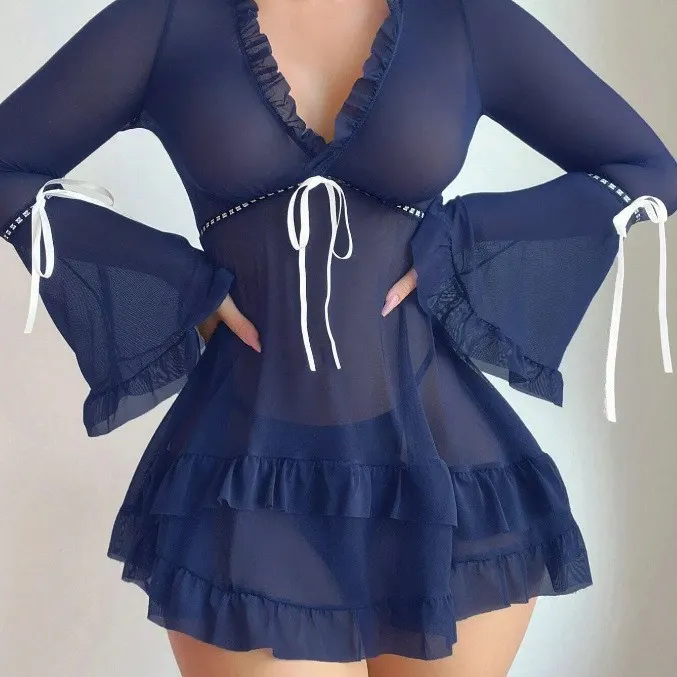 Churchf Sex Lingerie New Sexy Print Mesh Perspective Long-Sleeved Strap Strips With Short Back Dress