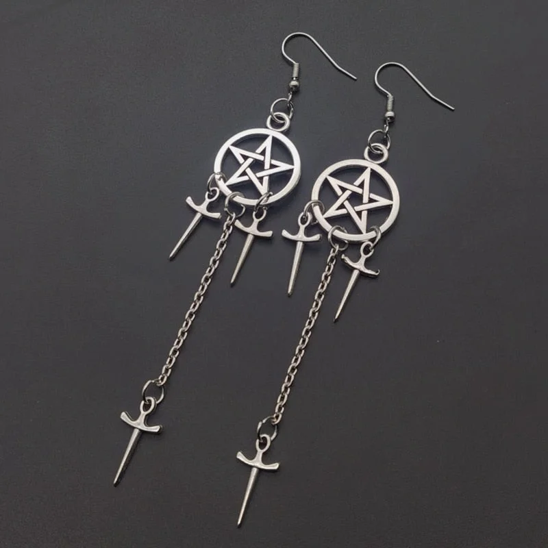 Christmas Gift Pentagram Swords Earrings Silver Plated Huggie Hoops Dangle Witchy Jewelry Pagan Wiccan Tarot Gothic Emo Women Gift