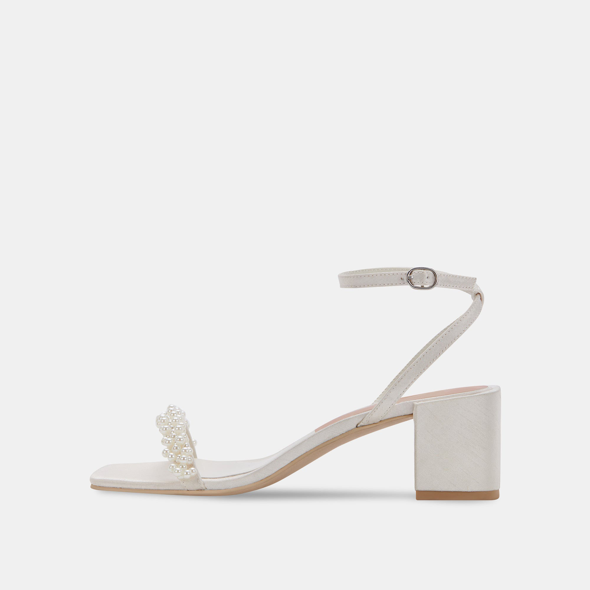 Elegant Square Toe Ankle Strap Pearl Decor Wedding Heels in White