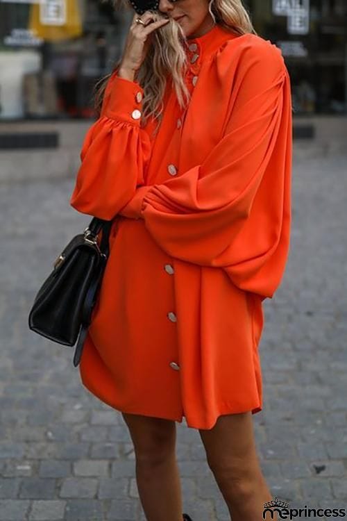 Oversized Button Puff Sleeve Shirt Dress