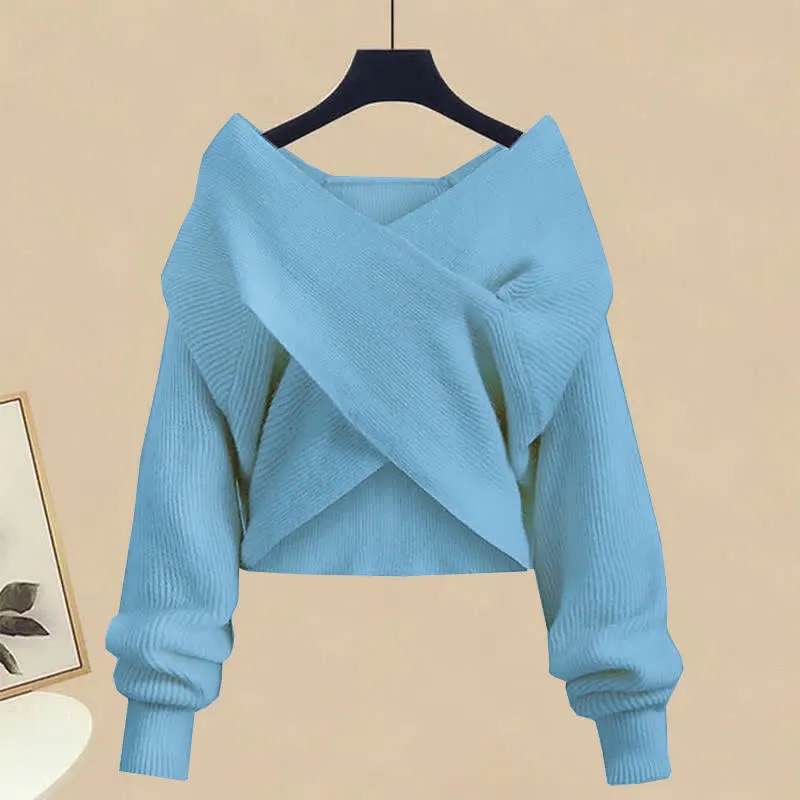 Chic Cross Knit Crop Sweater Casual Suit Pants