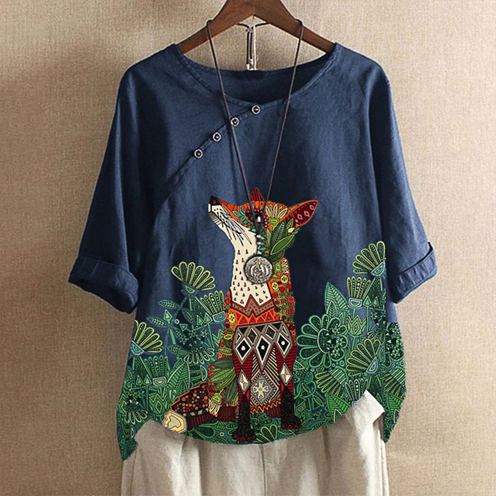 T-shirt Oversize Woman Cotton Linen Animal Prin T-shirts Loose O-neck Tops Style Blusas Leisure Blouse