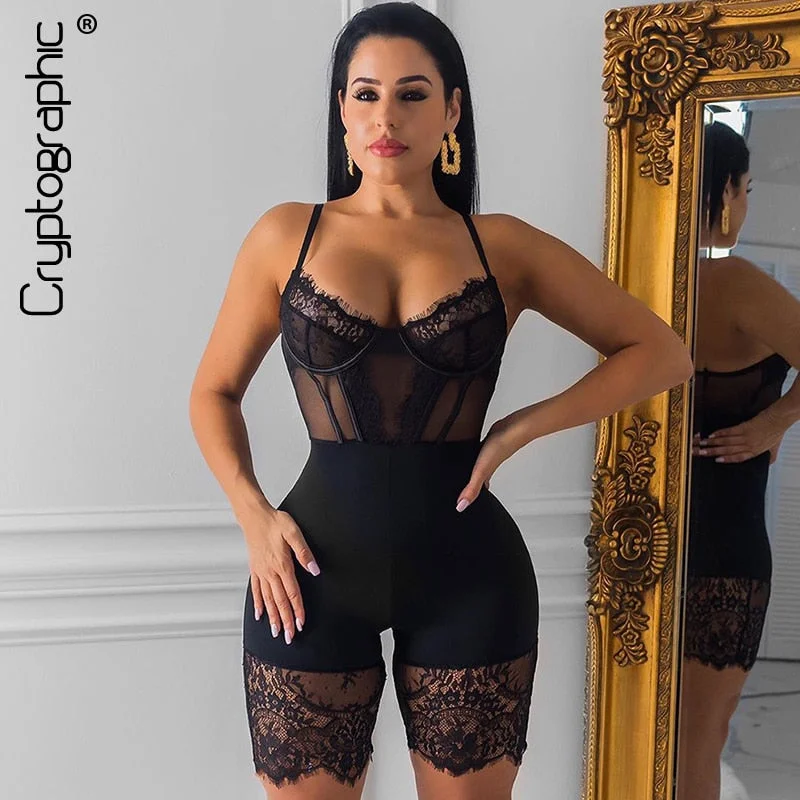 Cryptographic 2020 Fashion Hot Lace Playsuits Sexy Backless Party Club Short Romper Womens Jumpsuits Sleeveless Body Mujer