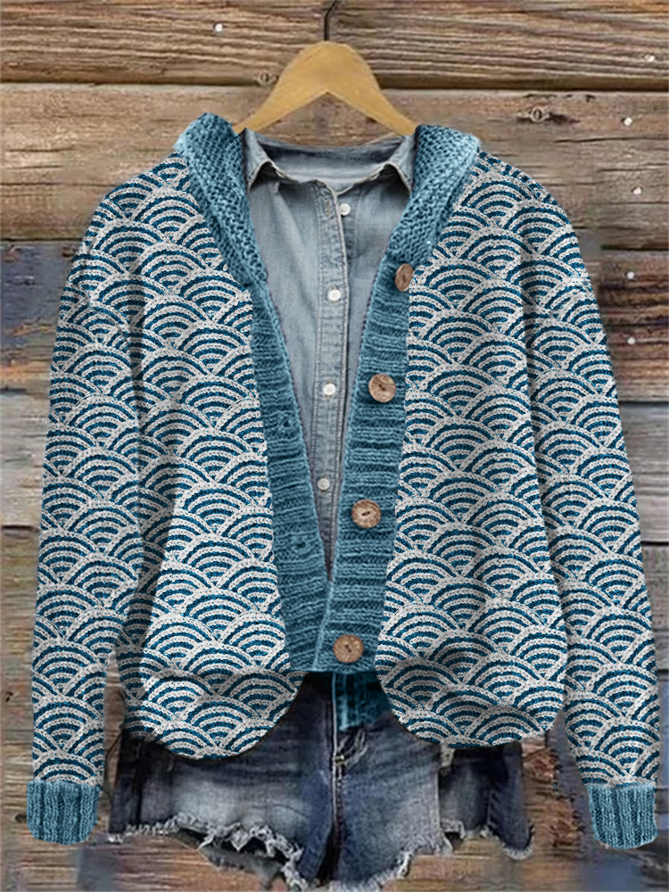 Japanese Sea Waves Inspired Knit Art Hooded Cardigan wearshes