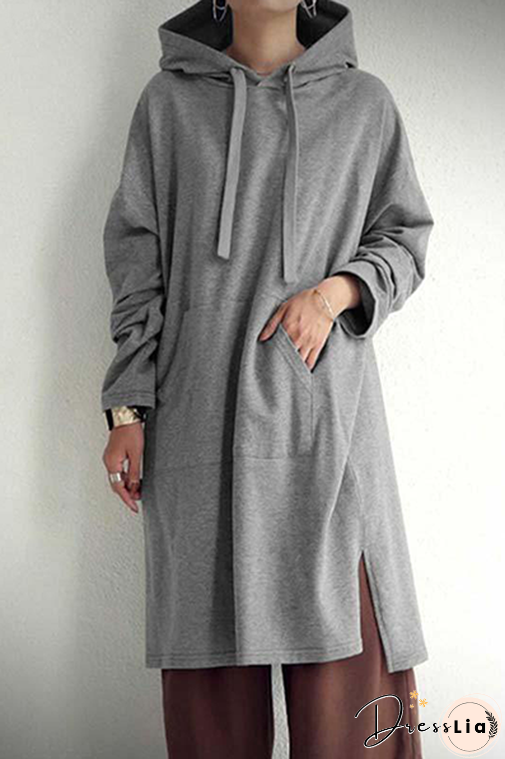 Casual Street Solid Draw String Pocket Slit Hooded Collar Tops