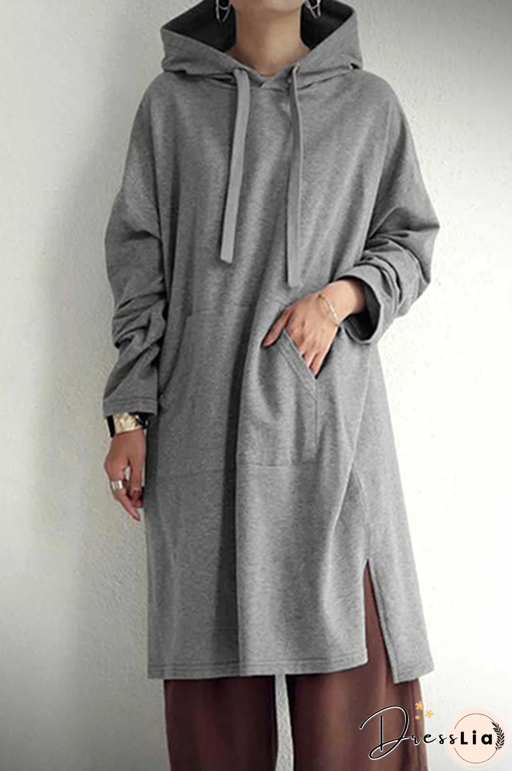 Casual Street Solid Draw String Pocket Slit Hooded Collar Tops