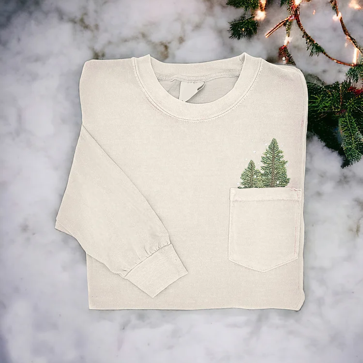 Women's Pocket Christmas Tree Embroidery Art Long-Sleeved T-Shirt