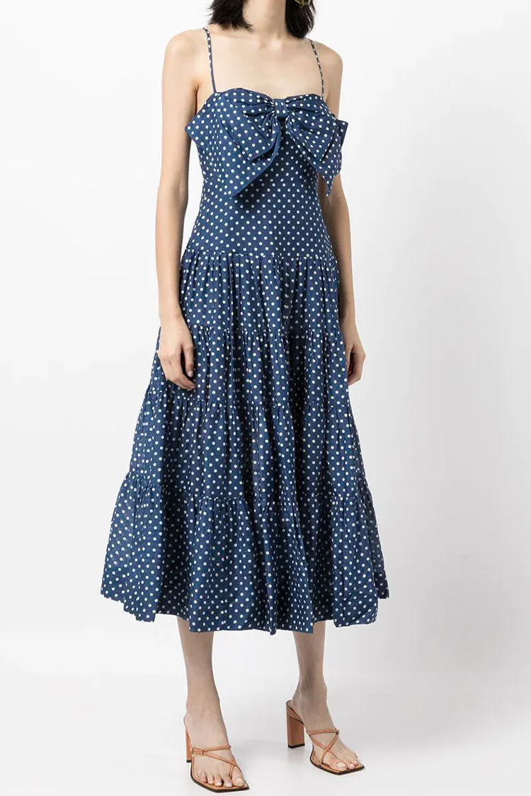 Abebey Vintage Polka Dot Oversized Bowknot Summer Midi Sundress - Blue