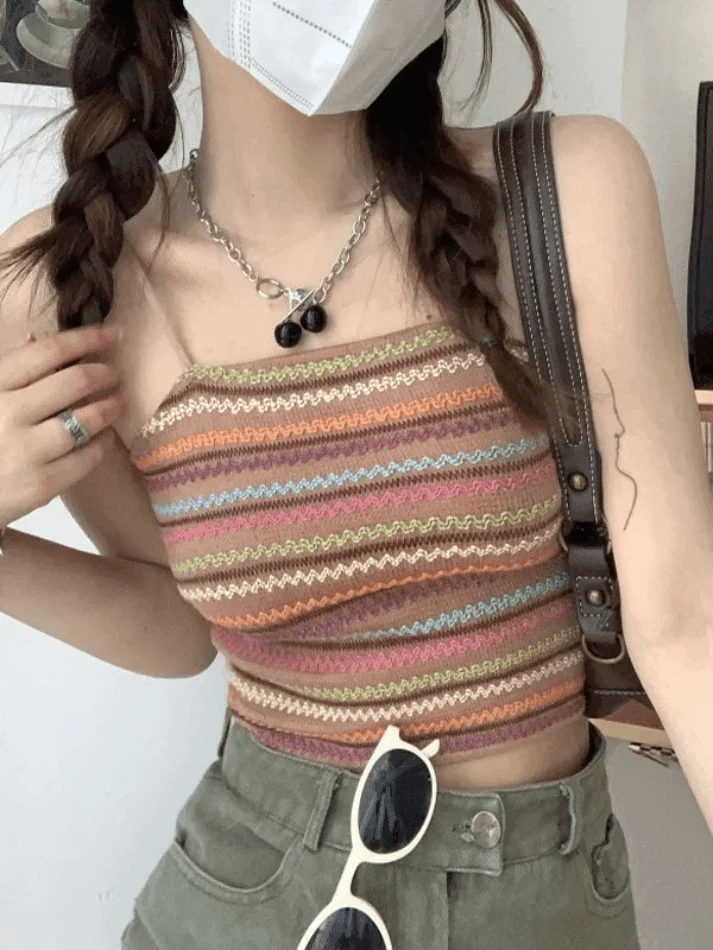 Brownm Color Block Striped Knitted Crop Cami Top