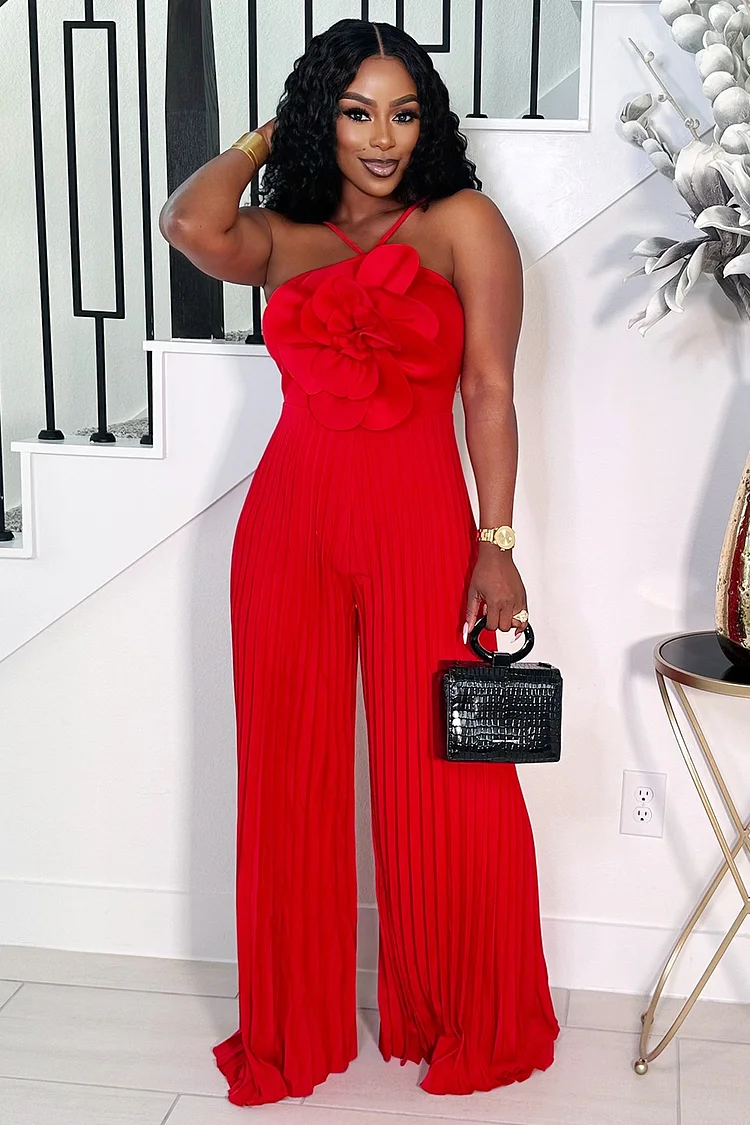 3D Flower Decor Halter Pleated Vacation Wide Leg Jumpsuit-Red [Pre Order]