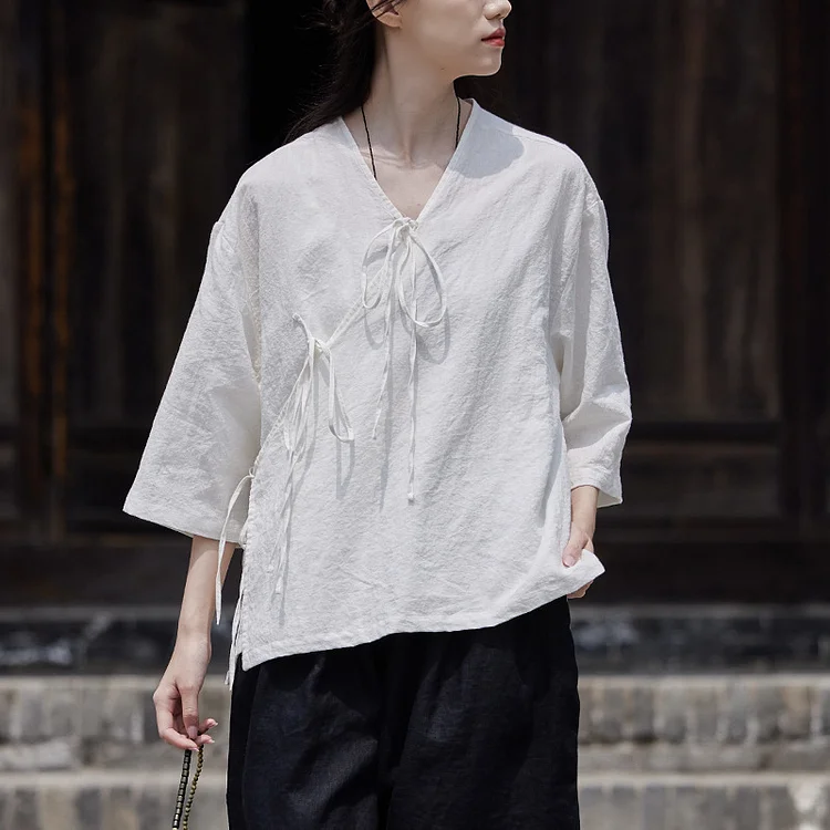 Original Cotton Linen Lace-up Top - yankia